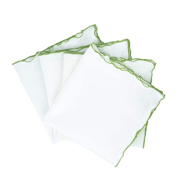 Linen Napkins With Green Ruffled Hemstitch Edges, Set of 4