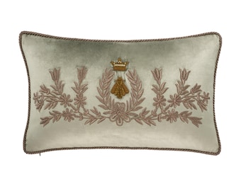 Handmade Embroidered Regina Silk Velvet Throw Pillow Cover 12 X 20