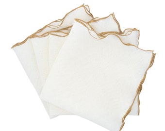 Linen Napkins With Gold Ruffled Edges, Set of 4, Wedding Table Decor