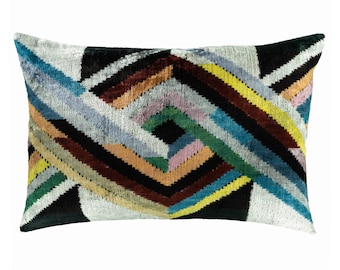 Handmade Icarus Silk Velvet Ikat Pillow, 16" X 24" Case Only