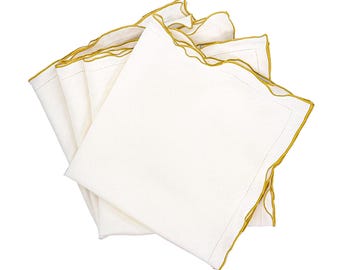 Linen Napkins With Gold Ruffled Hemstitch Edges - Handmade Holiday Table Napkins, Set of 4