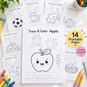 May include: A collection of 14 printable educational worksheets for children featuring black and white line art for tracing and coloring. Each page displays a letter of the alphabet, a corresponding object like an apple, cat, or fish, and the word to trace. The central page shows the letter A with an apple illustration and the text Trace & Color: Apple, Color Trace Learn Grow!
