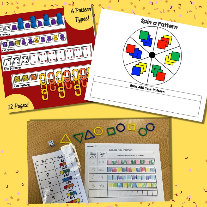 May include: A printable educational resource for teaching patterns. The resource includes a spinner, a chart, and a worksheet. The spinner has a colourful wheel with different shapes and colours. The chart shows different pattern types, such as AB, ABB, AAB, and ABC. The worksheet has a grid for students to create their own patterns.