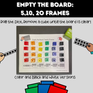 Puede incluir: Un tablero de juego imprimible para que los niños practiquen el conteo y el reconocimiento de números. El tablero presenta 20 marcos con cuadrados coloridos y un dado con puntos. El texto en el tablero dice "Empty the Board: Twenty Frames".