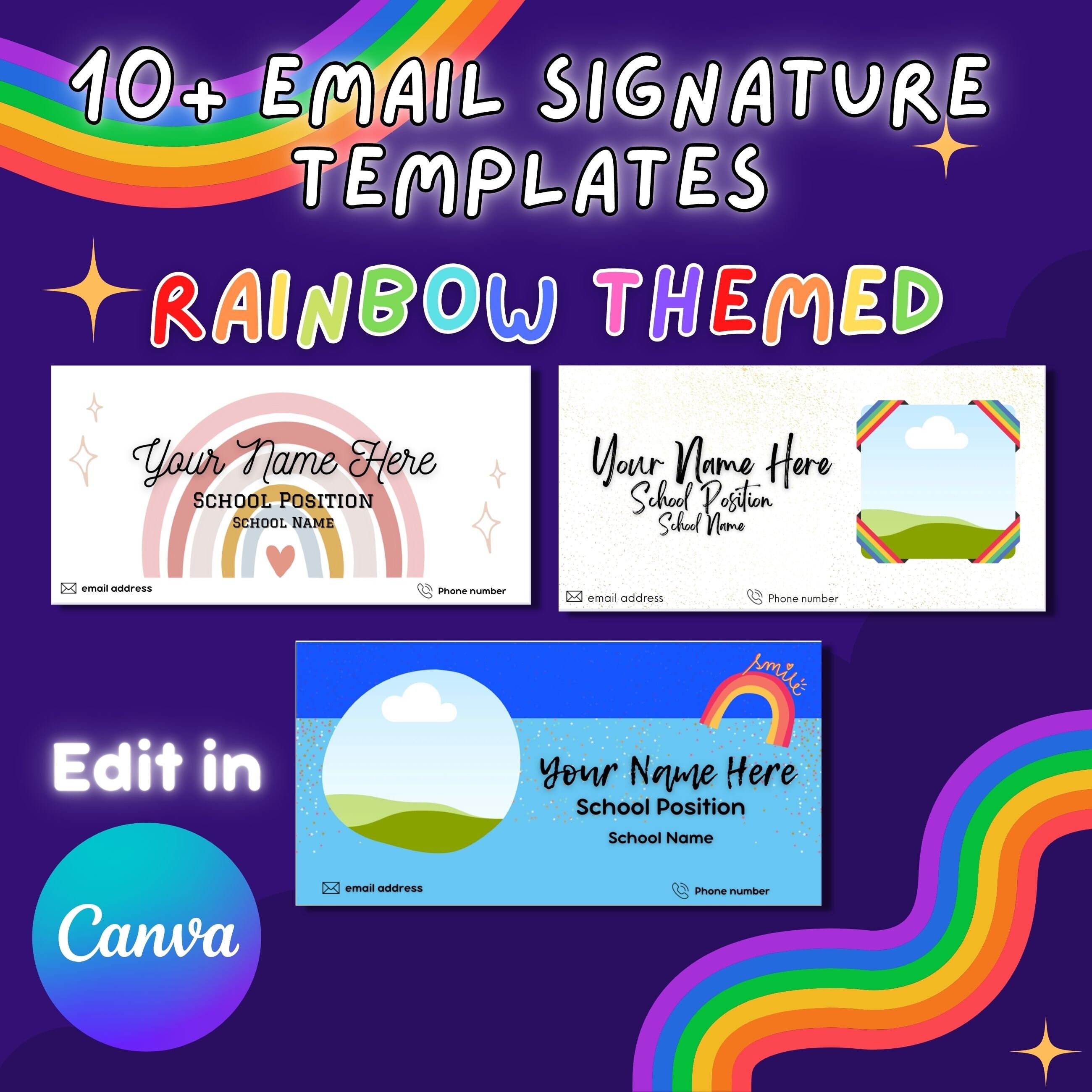 Sjablonen voor e-mailhandtekeningen met regenboogthema | Sjablonen voor e-mailhandtekeningen voor docenten | Canva-sjablonen voor e-mailhandtekeningen | Bewerkbaar | Aanpasbaar