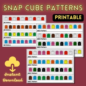 May include: Printable worksheet with 12 rows of colored circles representing snap cube patterns. Each row has a different pattern labeled as AB, ABCD, or ABCC. The worksheet is titled "Snap Cube Patterns Printable".