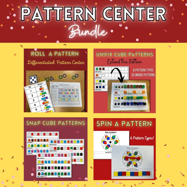 May include: A set of four printable pattern centre activities for children. The activities include "Roll a Pattern", "Unifix Cube Patterns", "Snap Cube Patterns", and "Spin a Pattern".