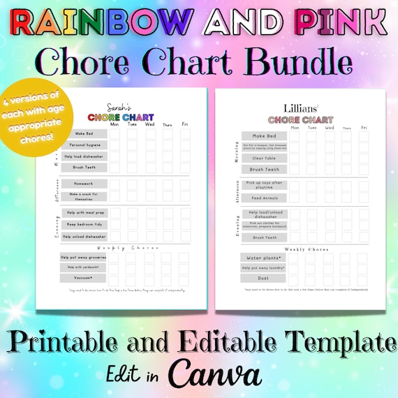 Chore Chart for Kids Editable Chore Chart Printable Chore | Etsy
