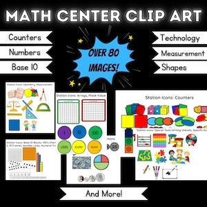 Puede incluir: Un conjunto de imágenes de clip art coloridas para centros de matemáticas, con más de 80 imágenes. Las imágenes incluyen iconos para contadores, números, bloques de base 10, geometría, medición, matrices, valor posicional, herramientas especiales, utensilios de escritura y más.