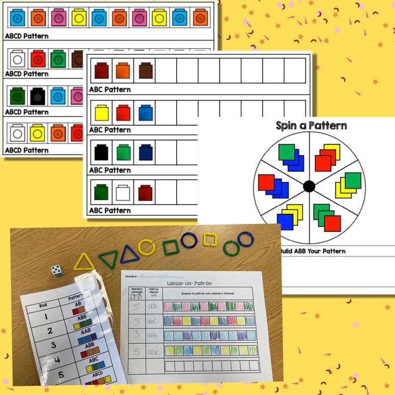 May include: A printable worksheet for children to practise creating patterns with coloured blocks. The worksheet includes a spinner with different coloured blocks and a chart to record the patterns. The worksheet also includes a dice and a chart to record the patterns.