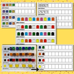 May include: A printable worksheet for children to practise identifying and creating patterns. The worksheet features different coloured blocks and dice, with instructions to create AB, AAB, and ABCD patterns.