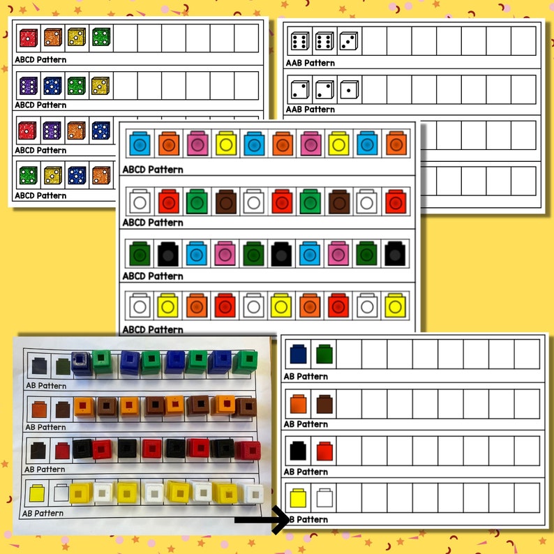 May include: A printable worksheet for children to practise identifying and creating patterns. The worksheet features different coloured blocks and dice, with instructions to create AB, AAB, and ABCD patterns.