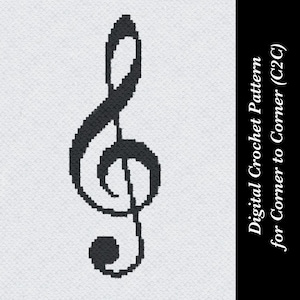 May include: Black and white crochet pattern for a treble clef, labeled "Digital Crochet Pattern for Corner to Corner (C2C)"