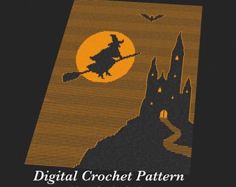 Mosaic Crochet Blanket Pattern "Halloween Witch on Broom" (English Language)