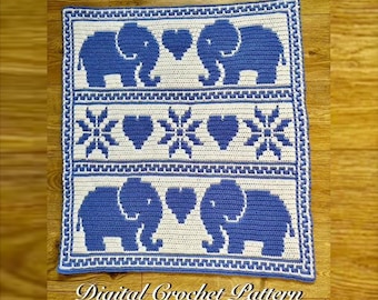 Elephants Mosaic Crochet Baby Blanket Pattern (English language)