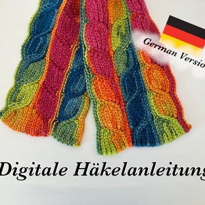 May include: A colorful crocheted scarf with a German flag and the text "German Version" and "Digitale Häkelanleitung".
