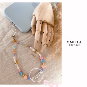 Handykette Perlen personalisiert Perlenkette bunt iPhone, Habdykette mit Hlle, Handyband Pink, Beige Bild 3