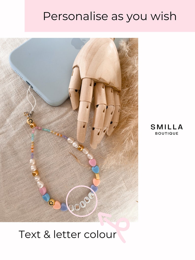Handykette Perlen personalisiert Perlenkette bunt iPhone, Habdykette mit Hlle, Handyband Pink, Beige Bild 3