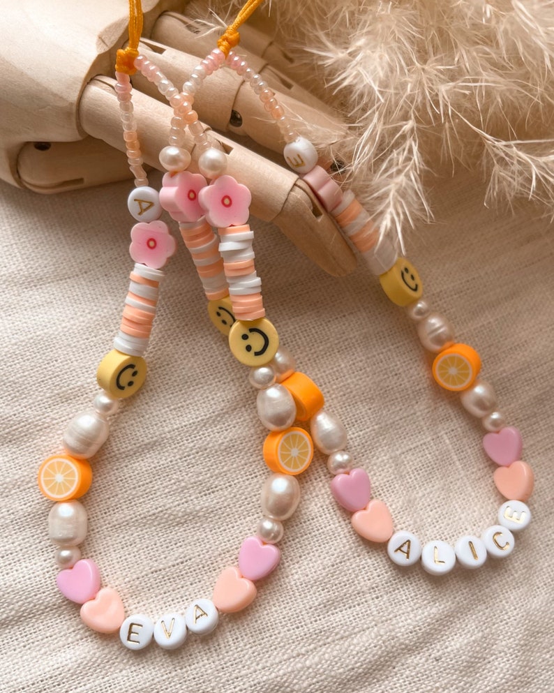 Handykette Perlen personalisiert Perlenkette bunt iPhone, Habdykette mit Hlle, Handyband Pink, Beige Rosa & Orange