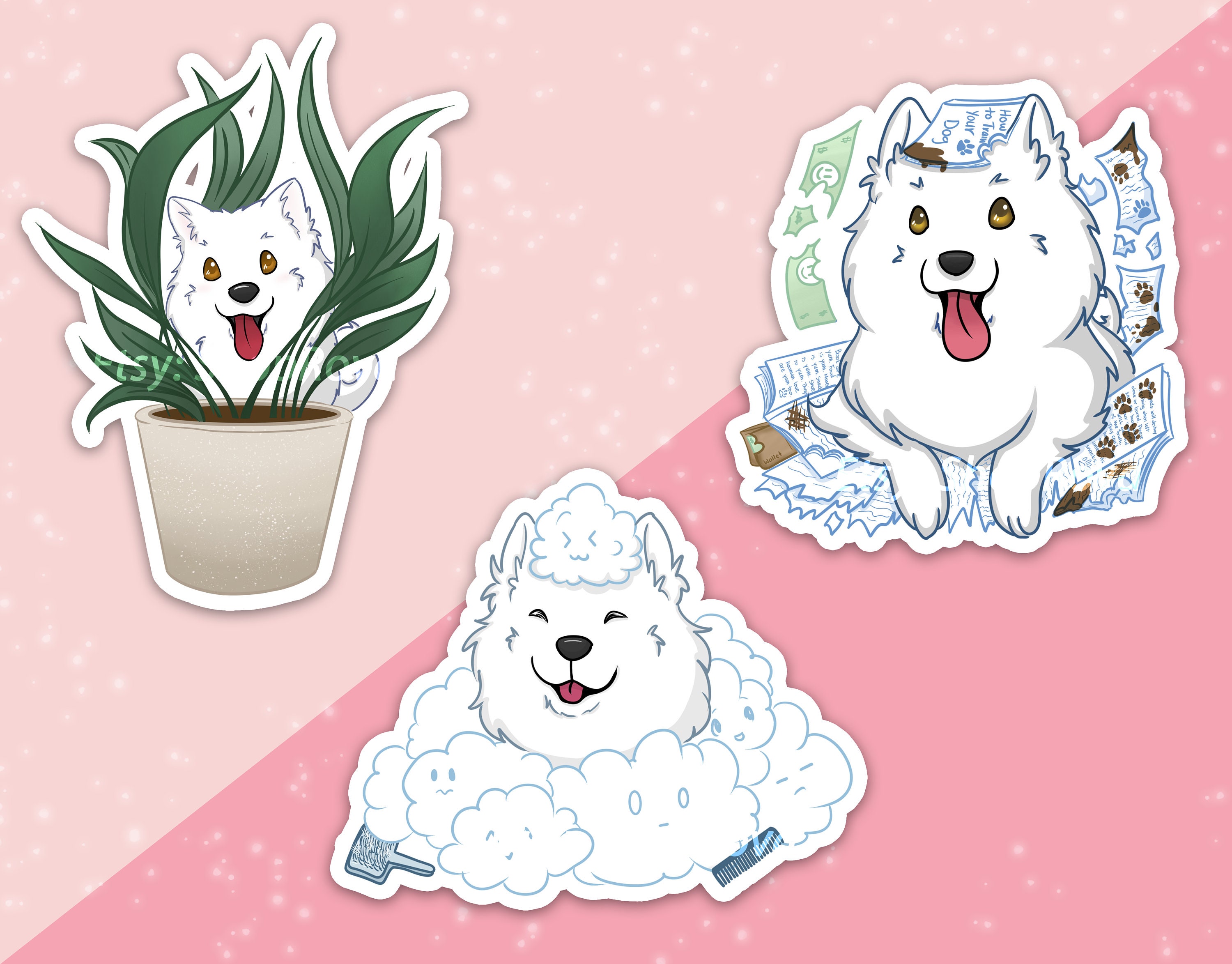 Branco Bonito Sorrindo Samoyed Cão Mão Desenhada Vector Lustration Doodle Sketch. Desenho Do Personagem Do Desenho Animado Do Filhote De Cachorro Esboço. Conceito Para Crianças Crianças Imprimir, Design De Pôster, Papel De