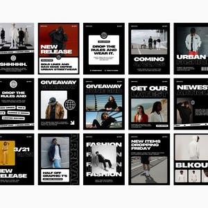May include: A collection of black and white promotional posters with bold text and images. The posters advertise new releases, giveaways, and urban fashion. Some posters feature models wearing clothing.