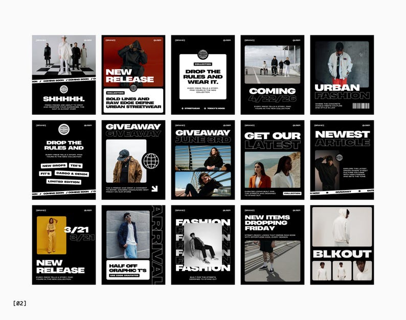 May include: A collection of black and white promotional posters with bold text and images. The posters advertise new releases, giveaways, and urban fashion. Some posters feature models wearing clothing.