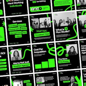 Puede incluir: Una colección de publicaciones en redes sociales con un fondo negro y acentos verde neón. Las publicaciones presentan texto e imágenes relacionadas con los servicios de marketing, incluyendo branding, SEO y anuncios de pago. El texto incluye frases como "Hard Working Individuals" y "Viral? Nah. Timeless? Yes!"