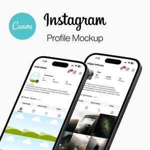 May include: Two smartphones displaying Instagram profile mockups. The phones have black bezels and show profile pages with images and text. The Canva logo is in the upper left corner, and the text "Instagram Profile Mockup" is displayed.
