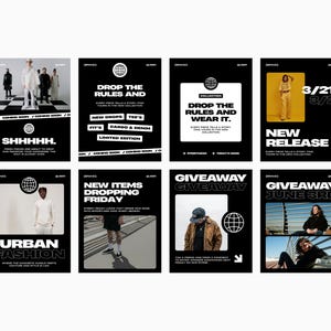 May include: A collection of eight promotional graphics on a black background. The graphics feature text such as "DROP THE RULES AND WEAR IT," "NEW RELEASE," and "GIVEAWAY." The images include models wearing streetwear and a globe logo.