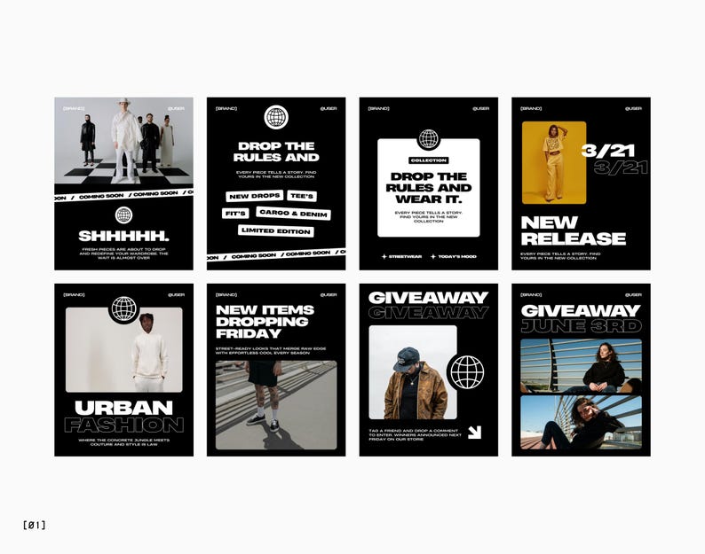 May include: A collection of eight promotional graphics on a black background. The graphics feature text such as "DROP THE RULES AND WEAR IT," "NEW RELEASE," and "GIVEAWAY." The images include models wearing streetwear and a globe logo.