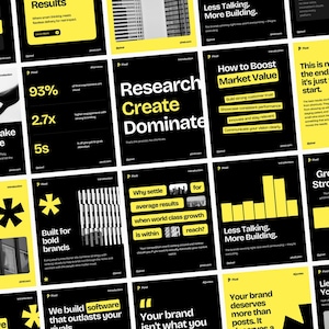Puede incluir: Una colección de carteles de diseño gráfico en negro y amarillo con texto. Los carteles presentan frases como "Research Create Dominate" y "How to Boost Market Value". El diseño incluye formas geométricas y visualizaciones de datos.