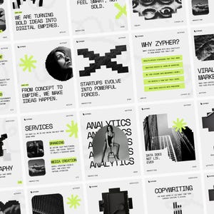 Könnte beinhalten: Eine Sammlung von Marketing- und Branding-Designkarten mit einer modernen, minimalistischen Ästhetik. Die Karten zeigen fetten Text, geometrische Formen und Bilder, darunter eine Frau, Gebäude und abstrakte Designs. Die Farbpalette ist hauptsächlich Schwarz, Weiß und Neongrün.