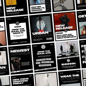 May include: A grid of promotional graphics with a black and white color scheme. The graphics feature text like "New Release," "Urban Fashion," and "Drop the Rules and Wear It." Some include images of people wearing streetwear.