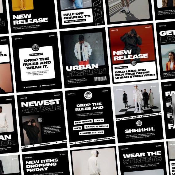 Urban Streetwear Instagram Templates, Canva Social Media Post Bundle, Black Streetwear Brand Kit, Fashion Instagram Feed, Clothing Drops