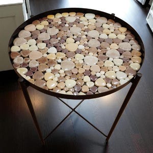Handmade Mosaic Side Table: Beige Stone & Metal Leg Coffee Table