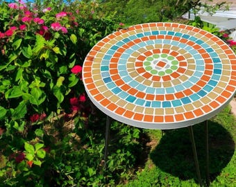 Vibrant Orange & Blue Mosaic Garden Table - Handmade Coffee Table - Patio Garden Decor - Artistic Patio Living Room Decor - Side Table