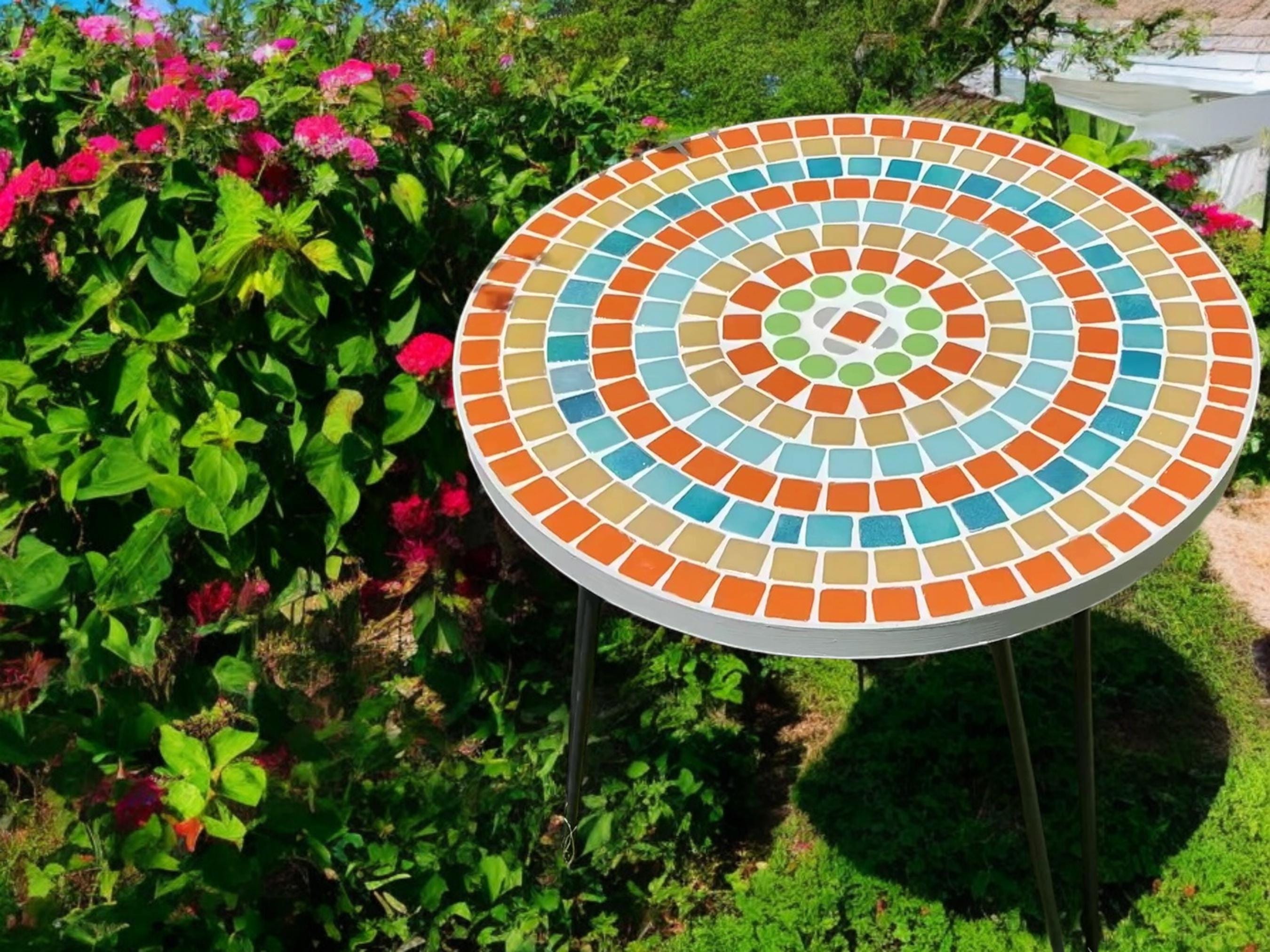Handmade Orange & Blue Mosaic Garden Table - Metal Leg