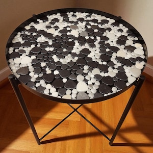 Handmade Ceramic Stone Mosaic Side Table: Black & White Modern Accent Table
