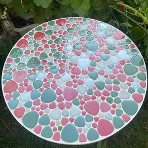 Handmade Mosaic Side Table: Green, Red & White Stone Art