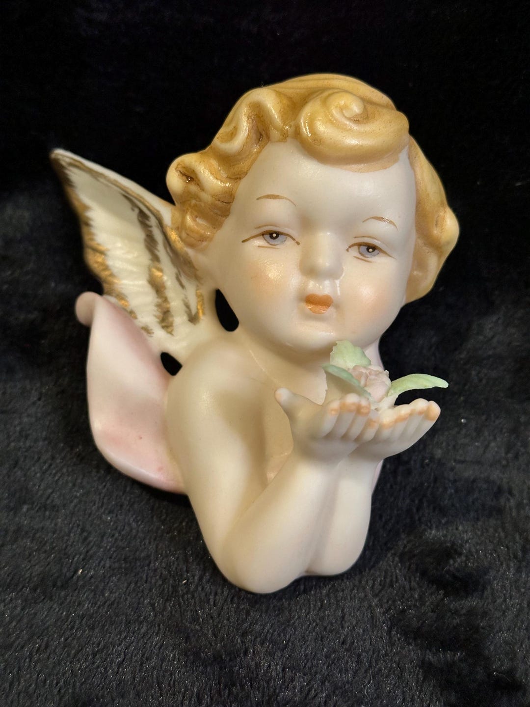 Vintage Norcrest Japan Porcelain Wall Hanging Cherub Angel Holding Pink
