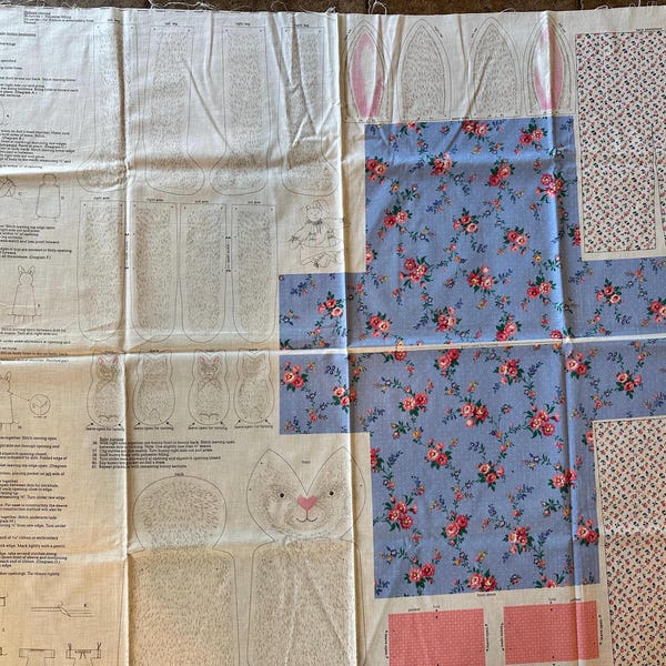 Muñeco de conejo de cola de algodón Clover vintage, juguete de peluche cortado y cosido, panel de tela, conejo de Pascua de los años 80