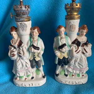 Two Antique Japan Nasco Del Coronado Oil Lamps Colonial Dress 10” c1930 **FREE SHIPPING**