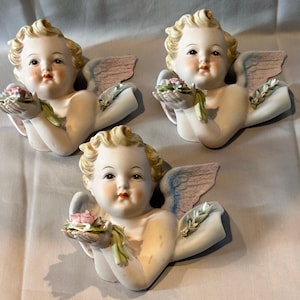 Lot of 3 Lefton Blonde Hair Blue Eyes Cherub Angel Wall Mount KW6417 *Read Details*