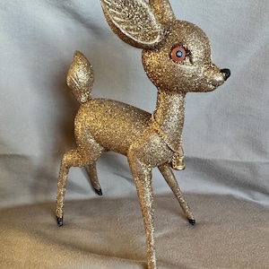 9” Hard Plastic Gold Glitter Reindeer  1950’s Christmas Decoration