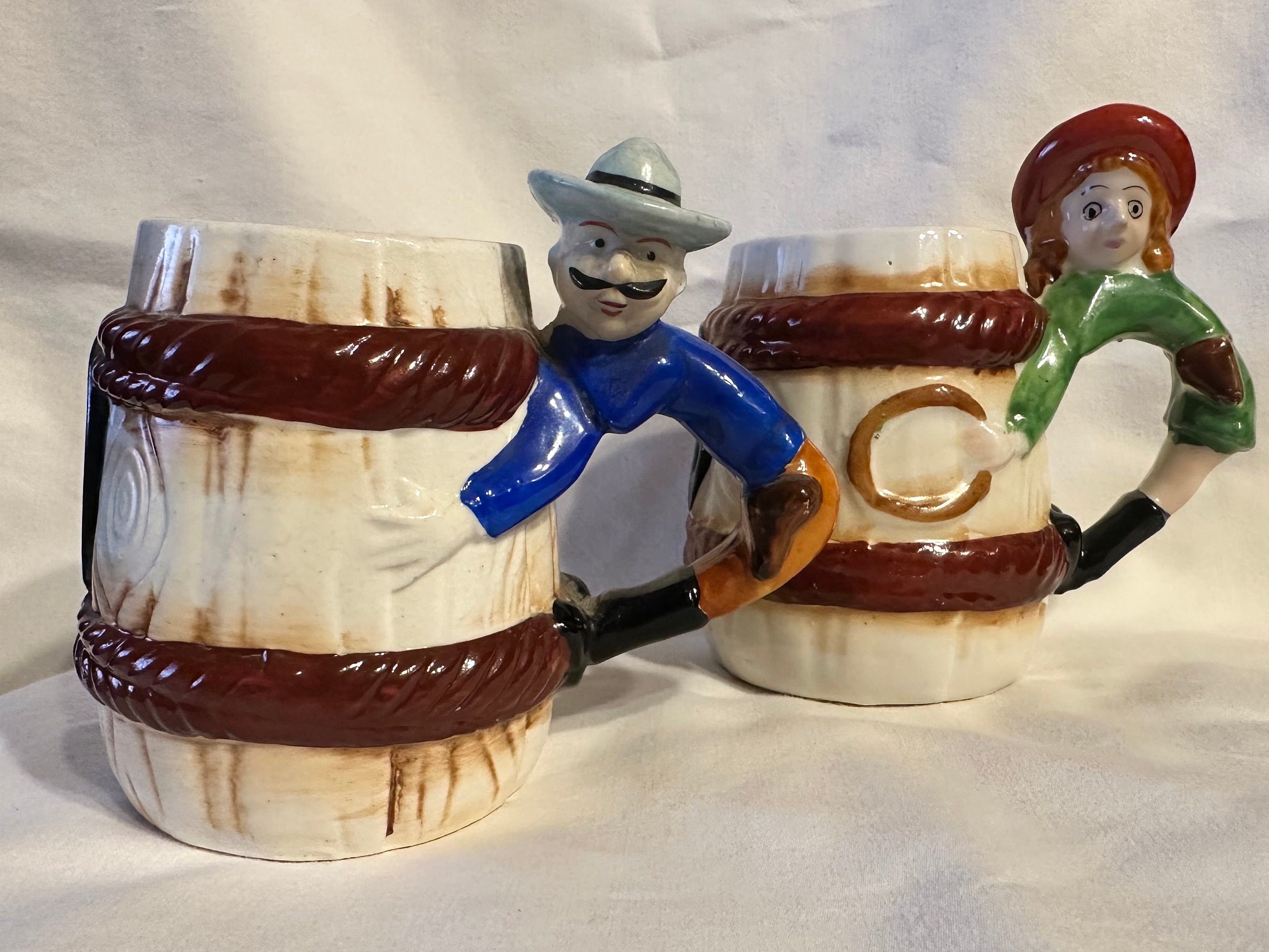 Takiya Occupied Japan Cowboy & Cowgirl With Horseshoe Barrel Mugs