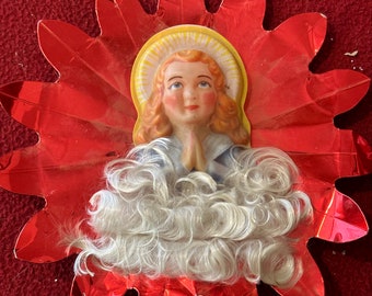 Vintage Spun Glass Angel Christmas Tree Topper 1960 Metallic Red Foil Angel Topper Retro Kitsch MCM Angel Topper **FREE Shipping **