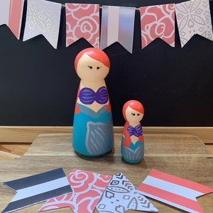Ariel Inspired Fairytale Princess Peg Dolls, Princess Play Set, Disney Inspired Peg Dolls, Peg People, Peg Princesses, Peg Doll Play Set,