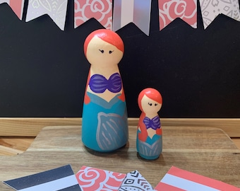 Ariel Inspired Fairytale Princess Peg Dolls, Princess Play Set, Disney Inspired Peg Dolls, Peg People, Peg Princesses, Peg Doll Play Set,