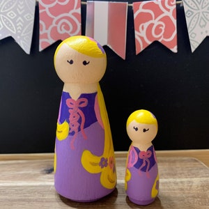 Rapunzel, Princess Peg Dolls, Disney Inspired Peg Doll, Peg People, Peg Princesses, Peg Doll Play, Rapunzel Inspired