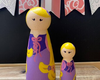 Rapunzel, Princess Peg Dolls, Disney Inspired Peg Doll, Peg People, Peg Princesses, Peg Doll Play, Rapunzel Inspired